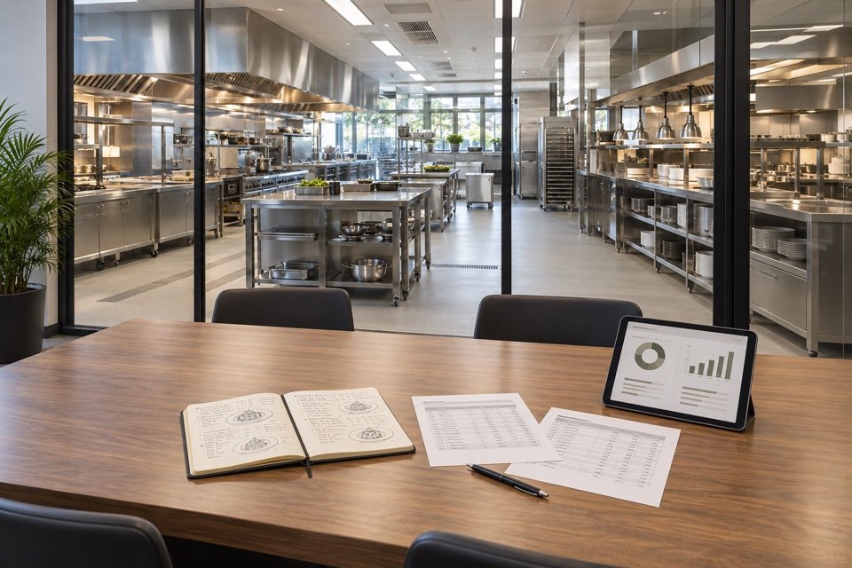 Illustration of menu development notes, food costing sheets and a tablet on a briefing table overlooking a professional kitchen through glass