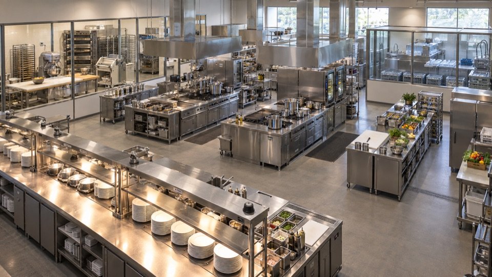 Illustration d’une grande cuisine professionnelle avec postes chauds, préparation froide, espaces séparés pour la pâtisserie et la plonge, et un long passe de service. Aucune personne n’est présente.