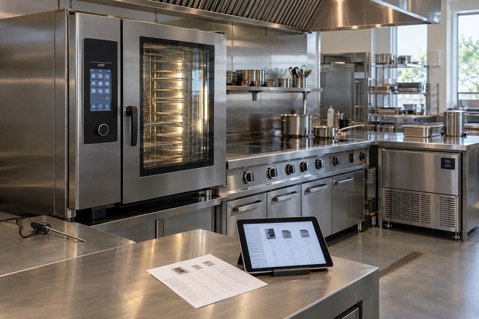 Illustration d’un four professionnel, d’équipements de cuisson à induction et d’une enceinte réfrigérée, avec un comparatif sur tablette