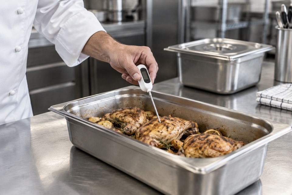 Illustration of a chef using a probe thermometer to check cooked food