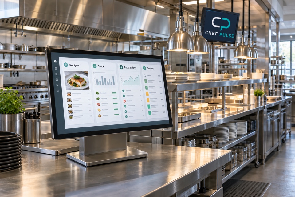 Illustration of kitchen operating software with Chef Pulse branding on a smaller screen in the background