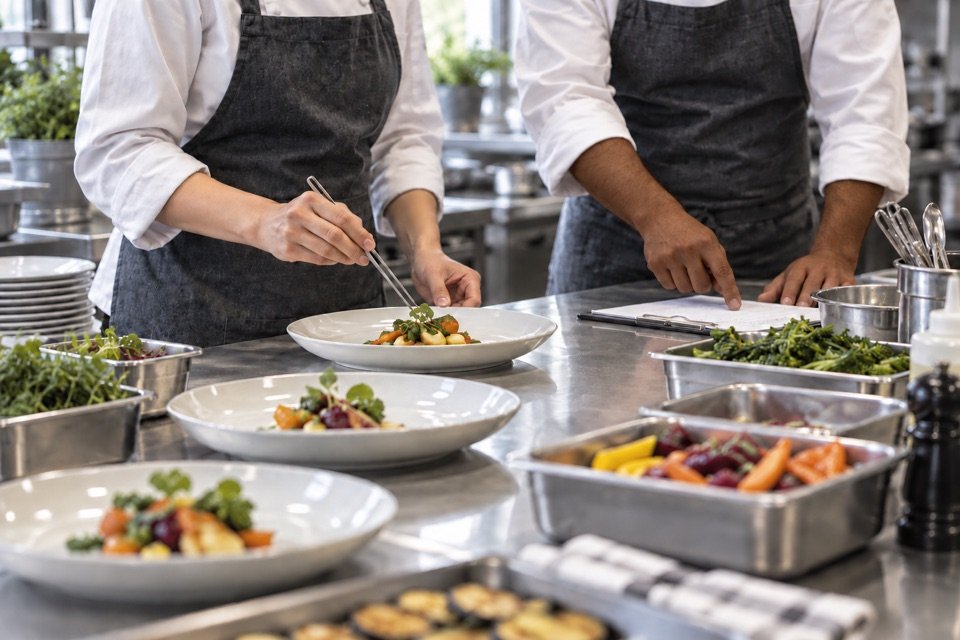 Illustration de mains préparant des assiettes et examinant des notes sur un plan de travail de cuisine