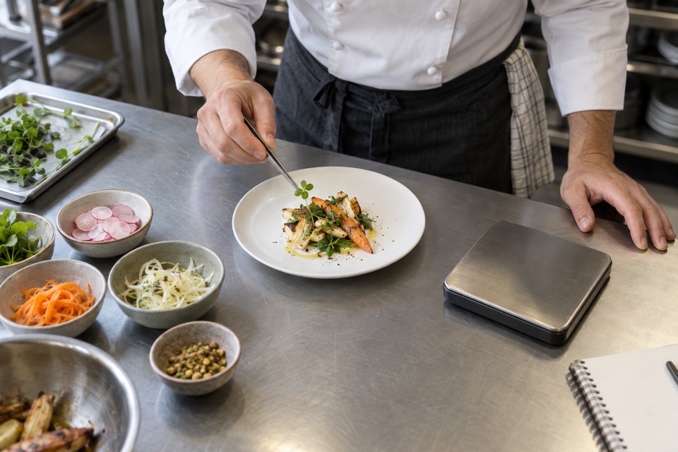 Illustration of a chef testing a dish with ingredients, a scale and recipe notes