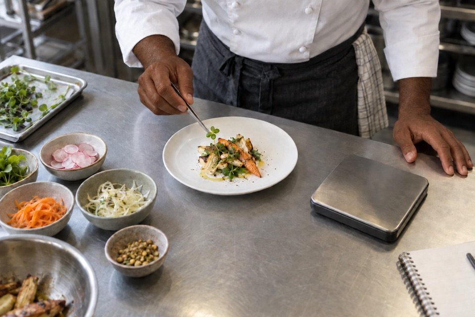 Illustration of a chef testing a dish with ingredients, a scale and recipe notes