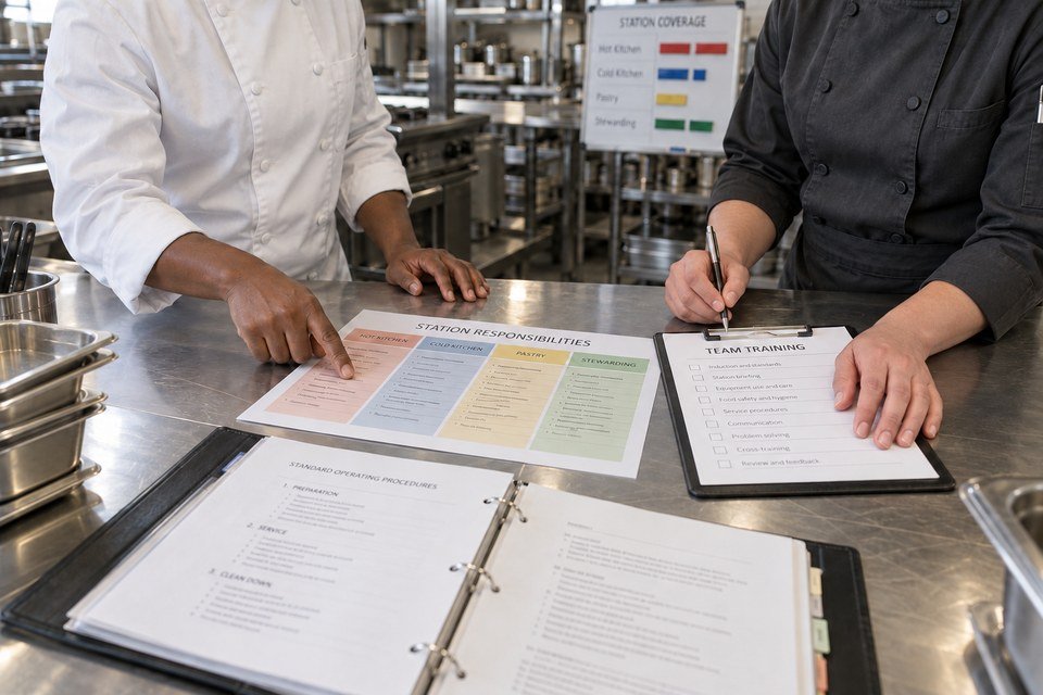 Illustration de deux chefs aux carnations différentes examinant la répartition des postes et une fiche de formation, sans montrer leurs visages