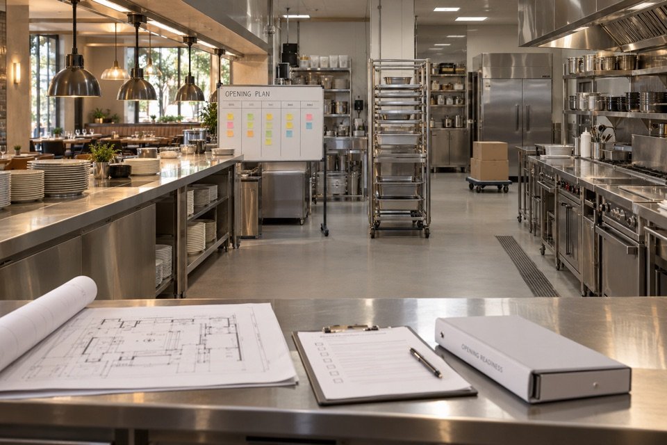 Illustration d’une nouvelle cuisine de restaurant avec un plan d’ouverture, un plan de cuisine et une liste de vérification