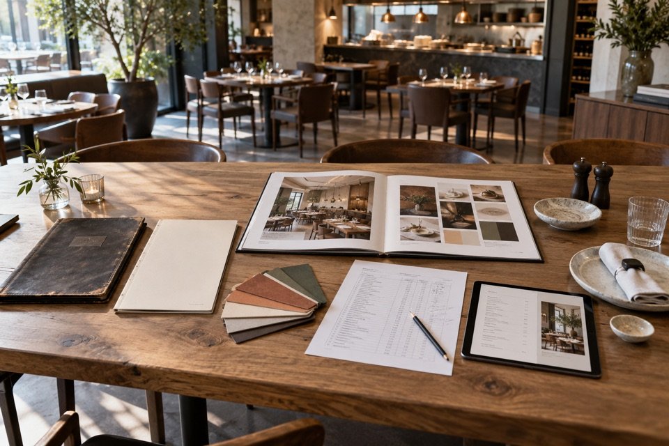 Illustration de maquettes de menus, d’un dossier de concept de restaurant, d’échantillons de matériaux, de notes de coûts et d’une tablette sur une table de restaurant