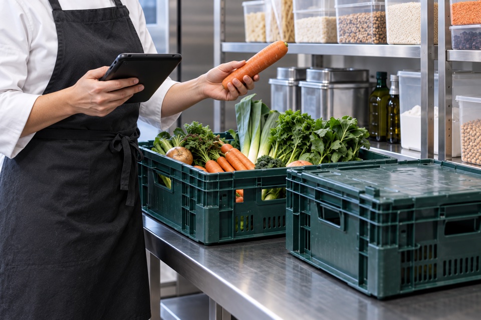 Illustration of hands checking produce and stock records at a receiving bench