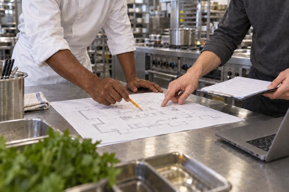 Illustration de deux professionnels examinant un plan de cuisine, avec leurs mains et leurs torses partiellement visibles