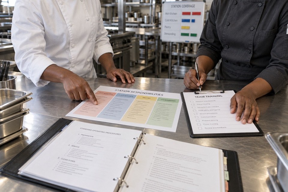 Deux chefs aux mains brunes examinent les responsabilités par poste et une liste de formation, leurs visages restant hors champ