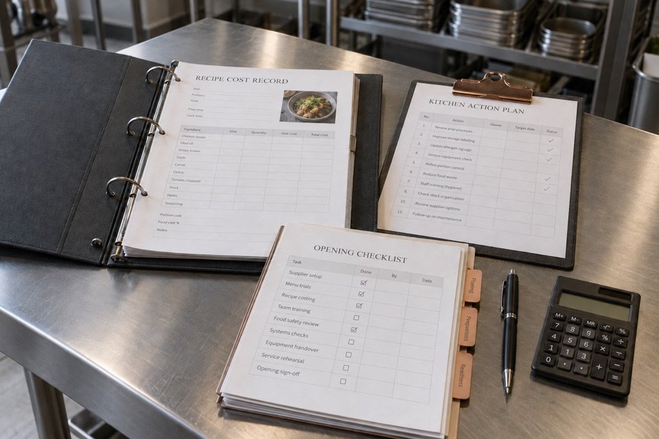 Illustration of a recipe cost record, kitchen action plan and opening checklist on a stainless kitchen worktable