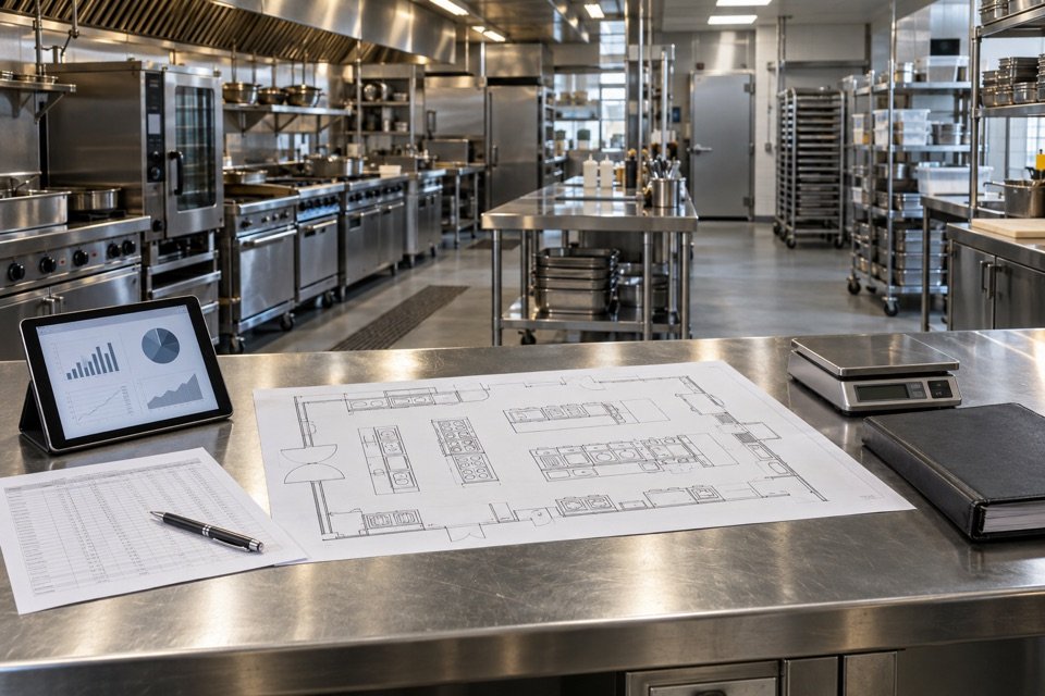Illustration of a kitchen floor plan, tablet, scale and notebook on a stainless worktable